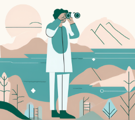 A person looking at a landscape through binoculars -- Navigating New Funding Routes event graphic