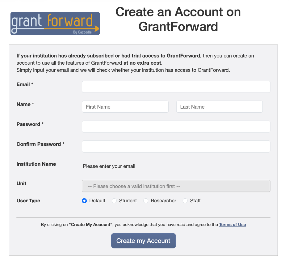 create an account on grantforward